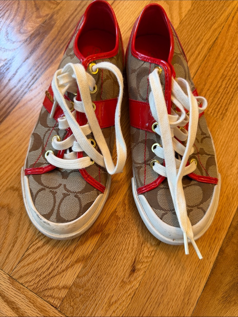 Coach Kids Canvas & Red Patent Trim Sneakers